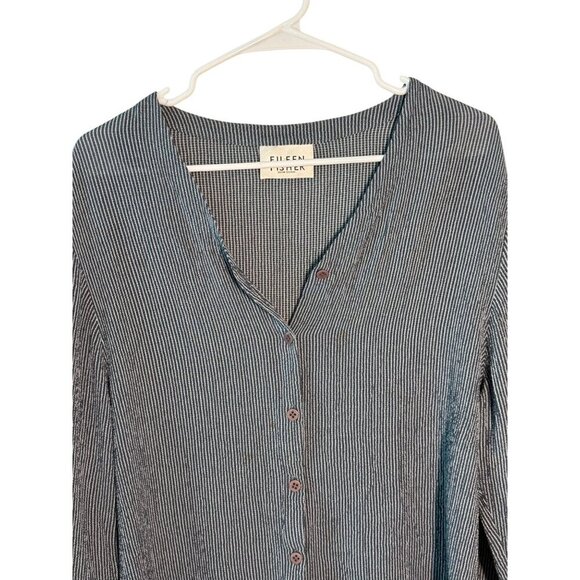 Eileen Fisher Womens Striped Button-Front V-Neck Long Sleeve Top M Rayon Gray/Wh - Picture 2 of 5